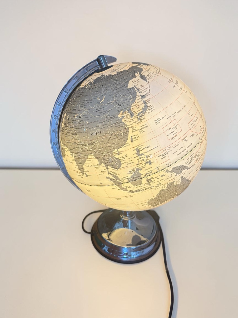 Illuminated Silver World Globe French Desktop Lamp 12 Inch Decor